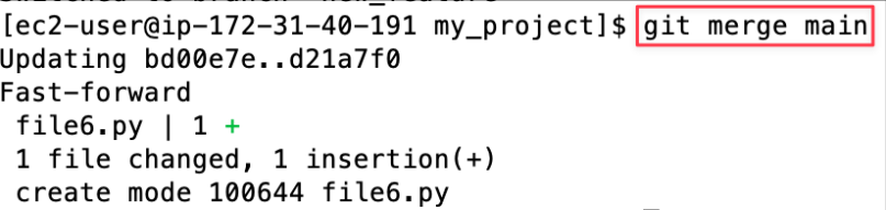 Screenshot illustrating git merge main