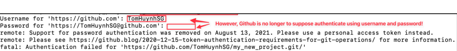 Screenshot illustrating Unfortunately, Github is no longer to support authenticate with username and password: