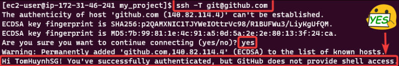 Screenshot illustrating ssh -T git@github.com
