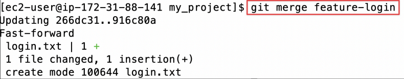 Screenshot illustrating git merge feature-login