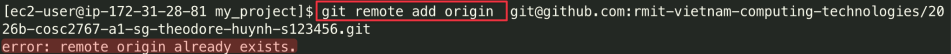 Screenshot illustrating cannot just add a new origin remote as you need to update it instead!