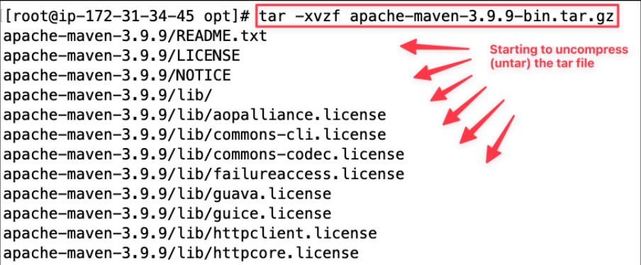Screenshot illustrating tar -xvzf apache-maven-3.x.x-bin.tar.gz