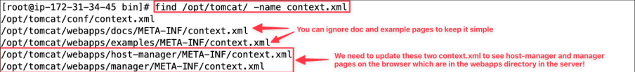 Screenshot illustrating find /opt/tomcat/ -name context.xml (2 of 2)