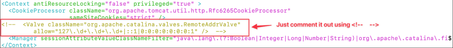 Screenshot illustrating nano /opt/tomcat/webapps/host-manager/META-INF/context.xml