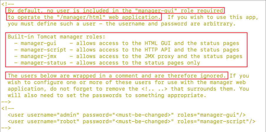 Screenshot illustrating nano /opt/tomcat/conf/tomcat-users.xml