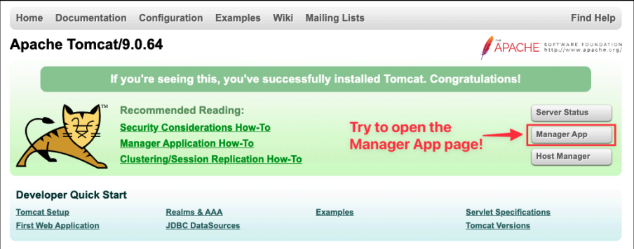 Screenshot illustrating Now, shutdown and startup Tomcat again and check out the Tomcat Manager Web UI again: