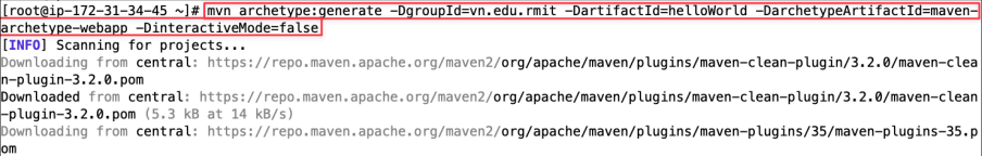 Screenshot illustrating mvn archetype:generate -DgroupId=vn.edu.rmit -DartifactId=helloWorld -DarchetypeArtifactId=maven-archetype-webapp -DinteractiveMode=false
