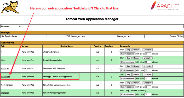 Screenshot illustrating Check out the Tomcat Manager Web UI again here to access the website: