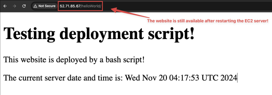 Screenshot illustrating “http://[your-public-ip-address-of-ec2]/helloWorld/”
