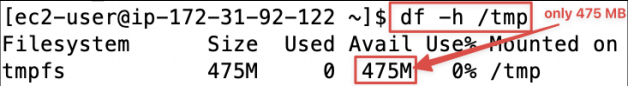 Screenshot illustrating df -h /tmp