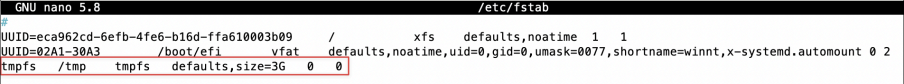 Screenshot illustrating tmpfs /tmp tmpfs defaults,size=3G 0 0