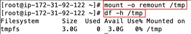 Screenshot illustrating Check that /tmp is now mounted with the specified size: