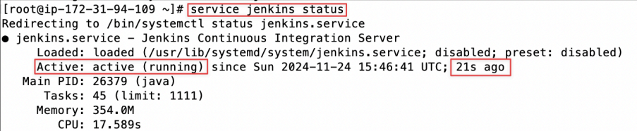 Screenshot illustrating You should see that the status of jenkins is currently running at the port number 8080: