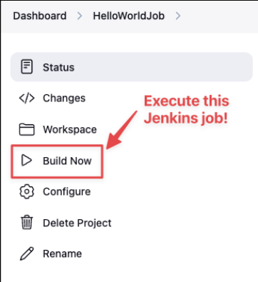 Screenshot illustrating To execute the Jenkins job, we can click on the “Build Now” button!