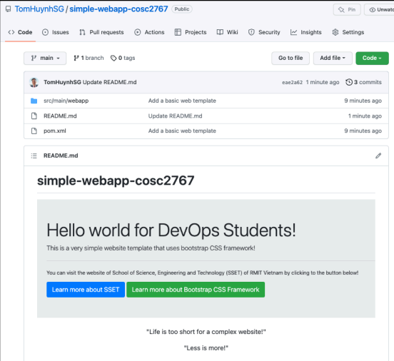 Screenshot illustrating In this session, we will use this github repo which only contains a very simple website like so