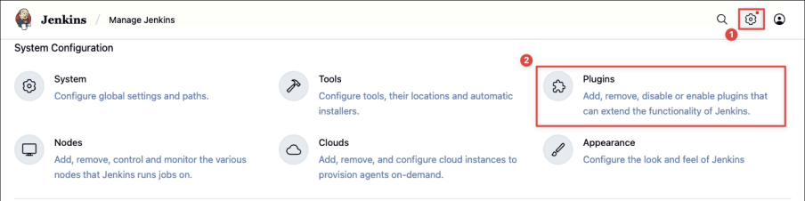 Screenshot illustrating Open Jenkins admin dashboard again, and go to manage plugins: