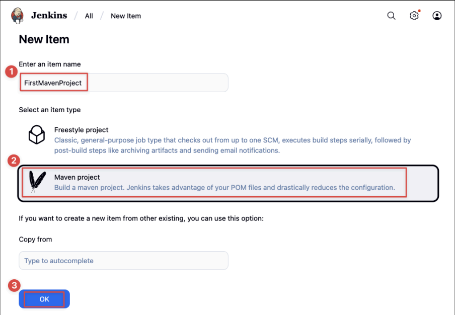 Screenshot illustrating Select Maven project to be the Jenkins job type we want: