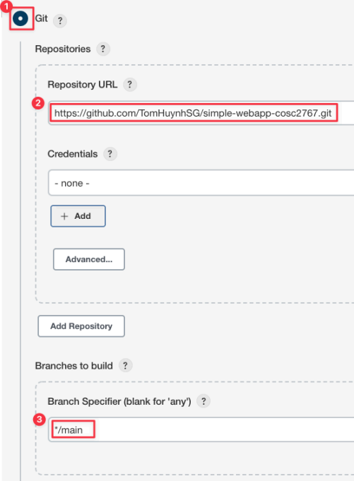 Screenshot illustrating The same details of Git and Github repo URL as before: