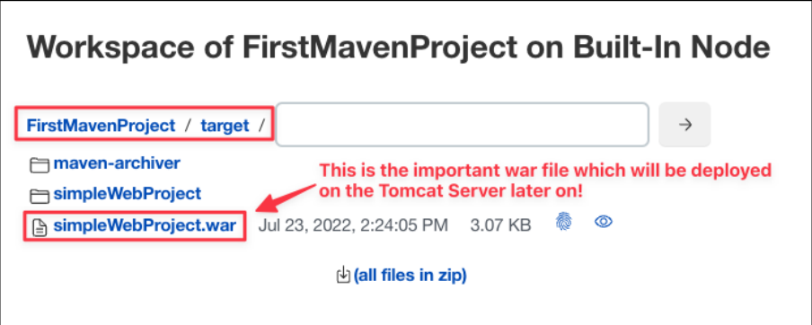 Screenshot illustrating You can check the location of the our first Maven project build as following: