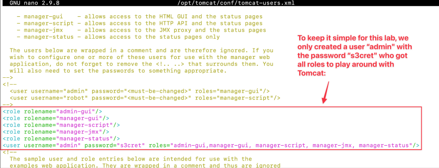 Screenshot illustrating need to use the username and password of Tomcat later on: