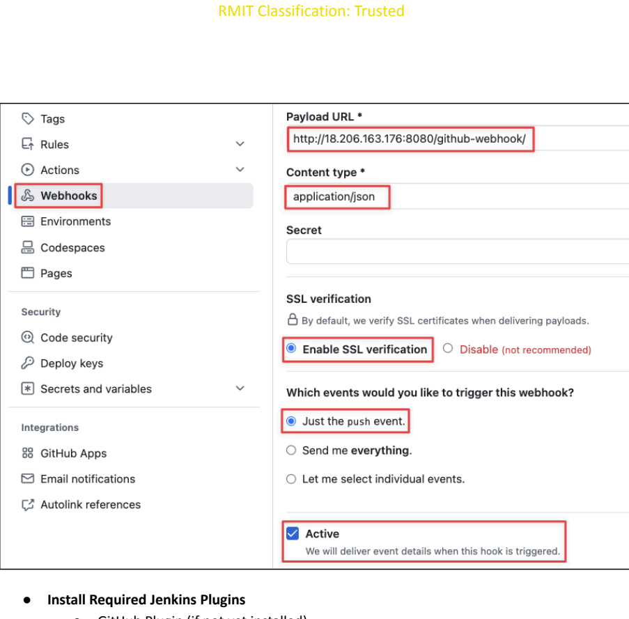 Screenshot illustrating Trigger events : Select Just the push event.