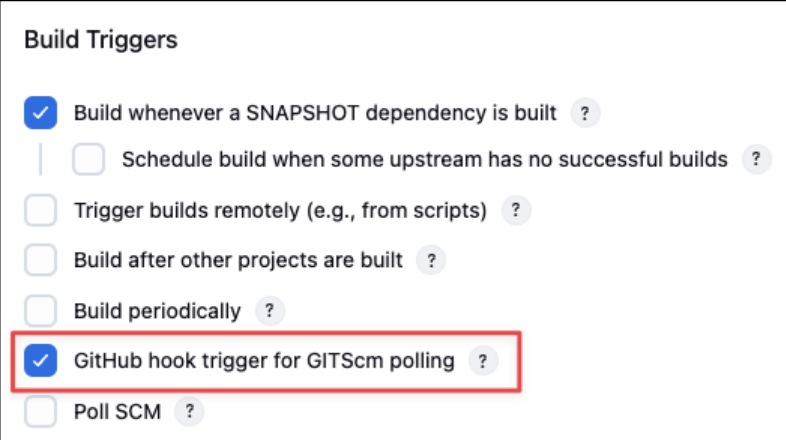 Screenshot illustrating Select GitHub hook trigger for GITScm polling for the Jenkins job!