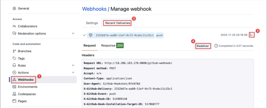 Screenshot illustrating Click Redeliver to send a test payload to Jenkins.