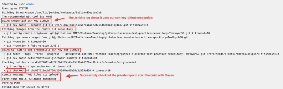 Screenshot illustrating Verify in the build logs that Jenkins successfully clones the private repository.