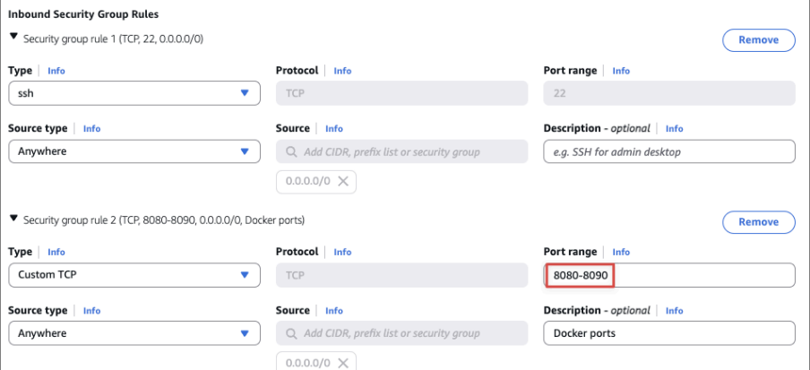 Screenshot illustrating each exposes to different ports from the range 8080 to 8090)