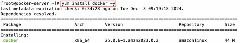 Screenshot illustrating yum install docker -y