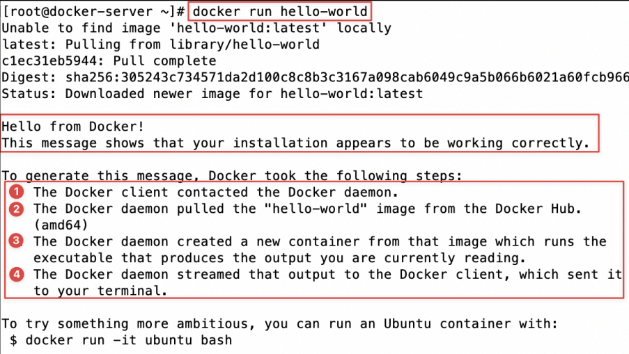 Screenshot illustrating docker run hello-world
