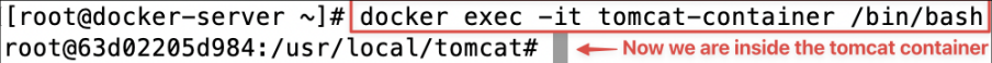 Screenshot illustrating docker exec -it tomcat-container /bin/bash