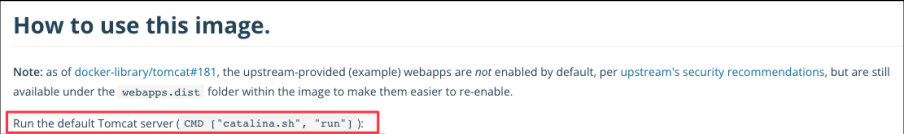 Screenshot illustrating The last command is even suggested by the Docker Hub documentation for Tomcat: