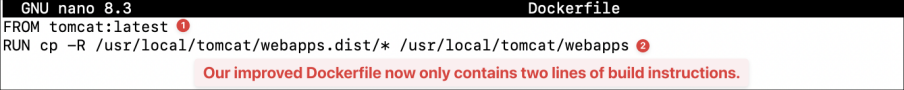 Screenshot illustrating FROM tomcat:latest RUN cp -R /usr/local/tomcat/webapps.dist/* /usr/local/tomcat/webapps (2 of 2)