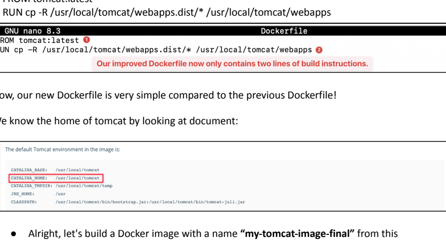 Screenshot illustrating FROM tomcat:latest RUN cp -R /usr/local/tomcat/webapps.dist/* /usr/local/tomcat/webapps (1 of 2)
