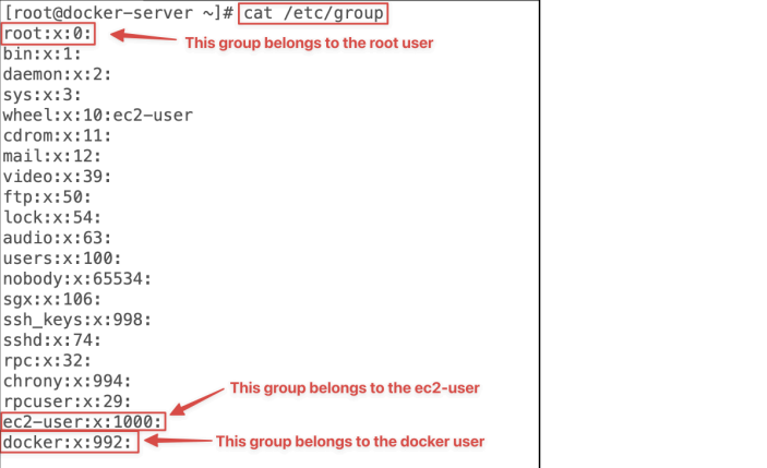 Screenshot illustrating cat /etc/group