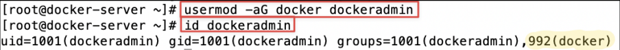 Screenshot illustrating usermod -aG docker dockeradmin