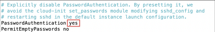 Screenshot illustrating Enable Password Authentication like so, then save and exit from nano: