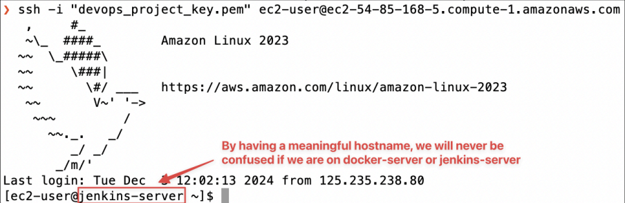 Screenshot illustrating sudo su - echo “jenkins-server” > /etc/hostname reboot