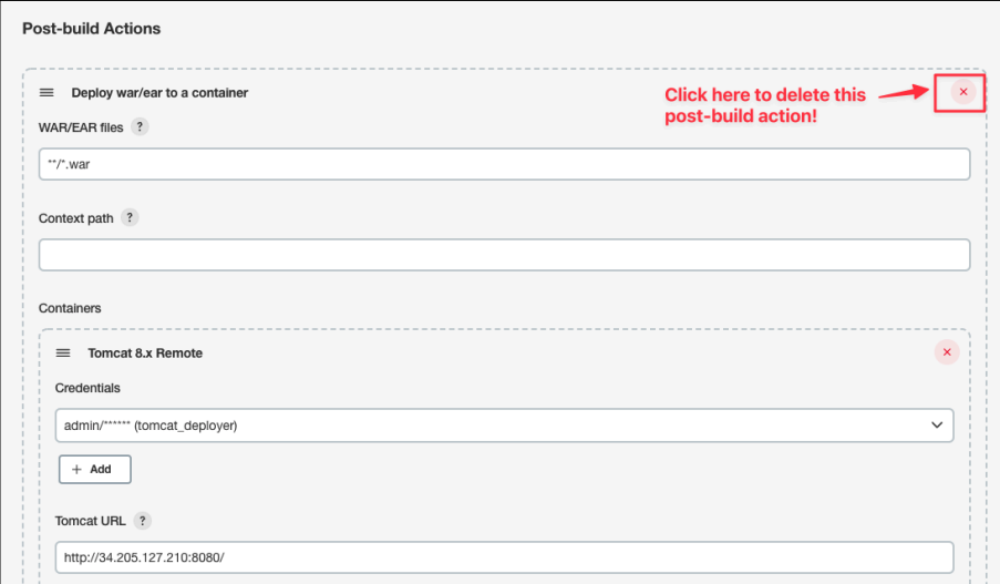 Screenshot illustrating Note: We don't want to deploy directly on the Tomcat server anymore so delete it!