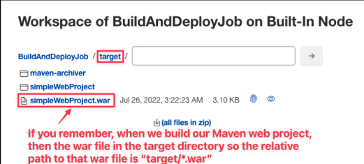 Screenshot illustrating war file is built inside the folder “target” by default.