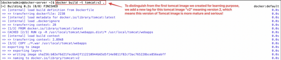 Screenshot illustrating docker build -t tomcat:v2 .