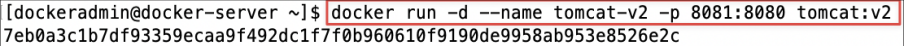 Screenshot illustrating docker run -d --name tomcat-v2 -p 8081:8080 tomcat:v2