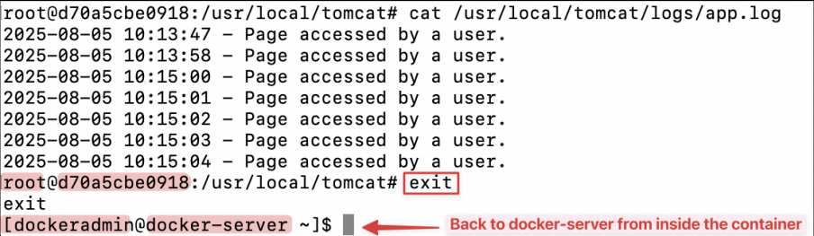 Screenshot illustrating Type exit to leave the container shell.