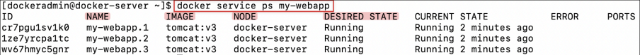 Screenshot illustrating docker service ps my-webapp