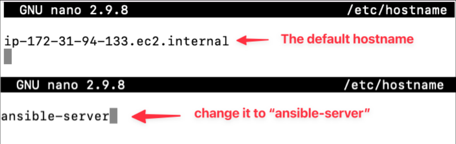 Screenshot illustrating nano /etc/hostname
