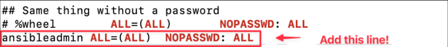 Screenshot illustrating ansibleadmin ALL=(ALL) NOPASSWD: ALL