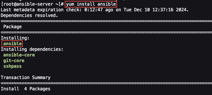 Screenshot illustrating yum install ansible