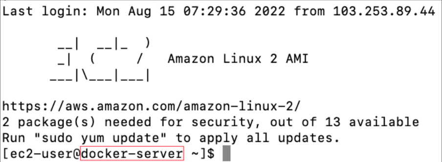 Screenshot illustrating hostname of this server to be “docker-server", reboot and ssh again: