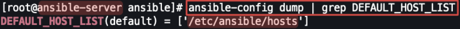 Screenshot illustrating ansible-config dump | grep DEFAULT_HOST_LIST